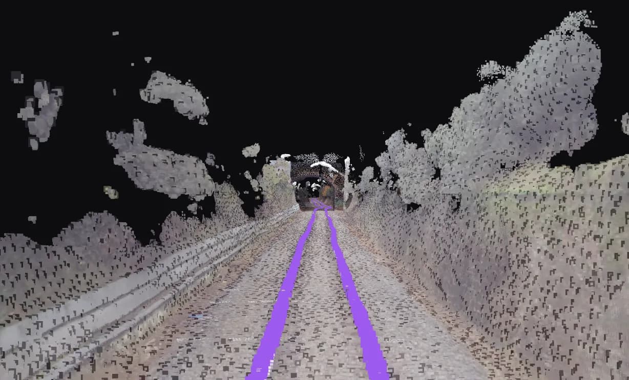3D point cloud reconstructed from cab-ride video around a railway track.