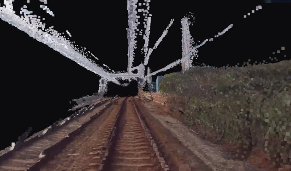 3D point cloud reconstructed from cab-ride video around a railway track.